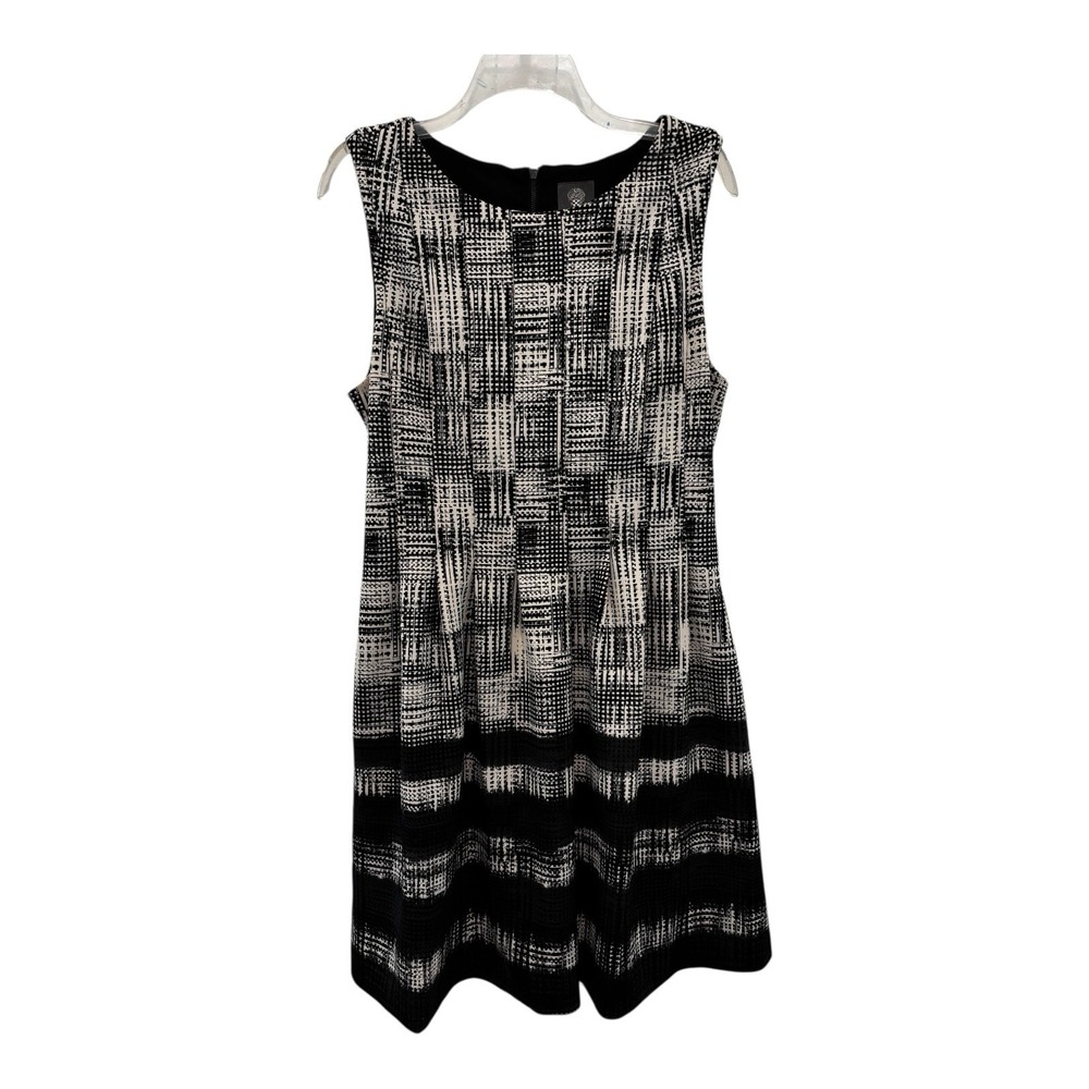 Vince Camuto Dress 14 Black‎ Ivory Abstract Fit Flare Sleeveless Lined